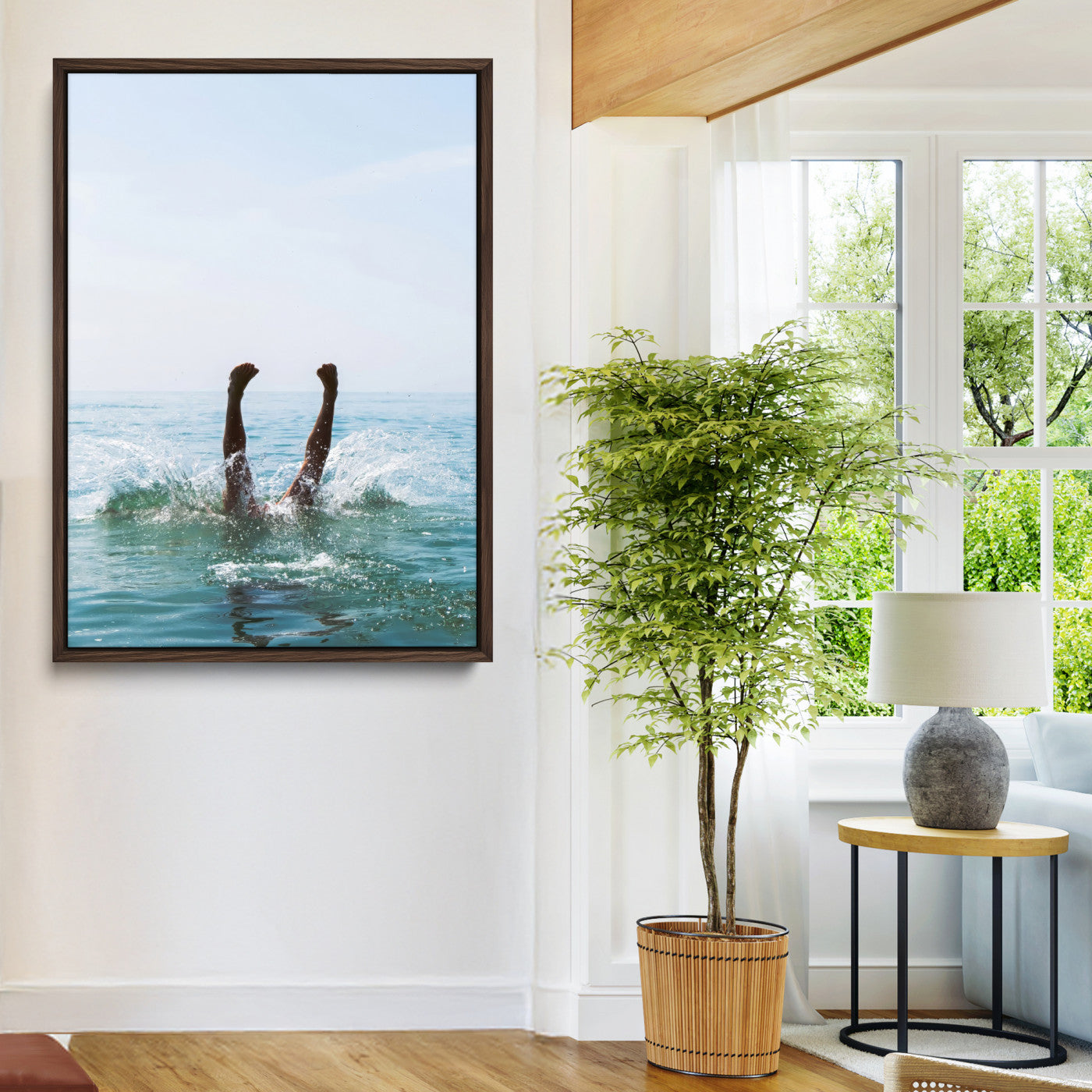 Vibrant ocean canvas of a playful diving splash, ideal for coastal or beach-themed interiors with a lively summer vibe.
