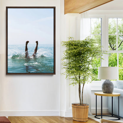 Vibrant ocean canvas of a playful diving splash, ideal for coastal or beach-themed interiors with a lively summer vibe.