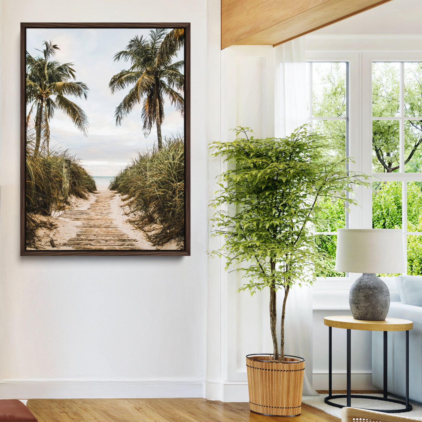 Canvas wall art of a tropical beach path with palm trees and dune grass, ideal for coastal entryways or tropical-inspired home decor.