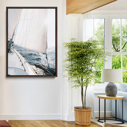 Canvas of a sailboat gliding on a sunlit ocean with white sails and sparkling water, ideal for coastal minimalist or nautical-style home decor.