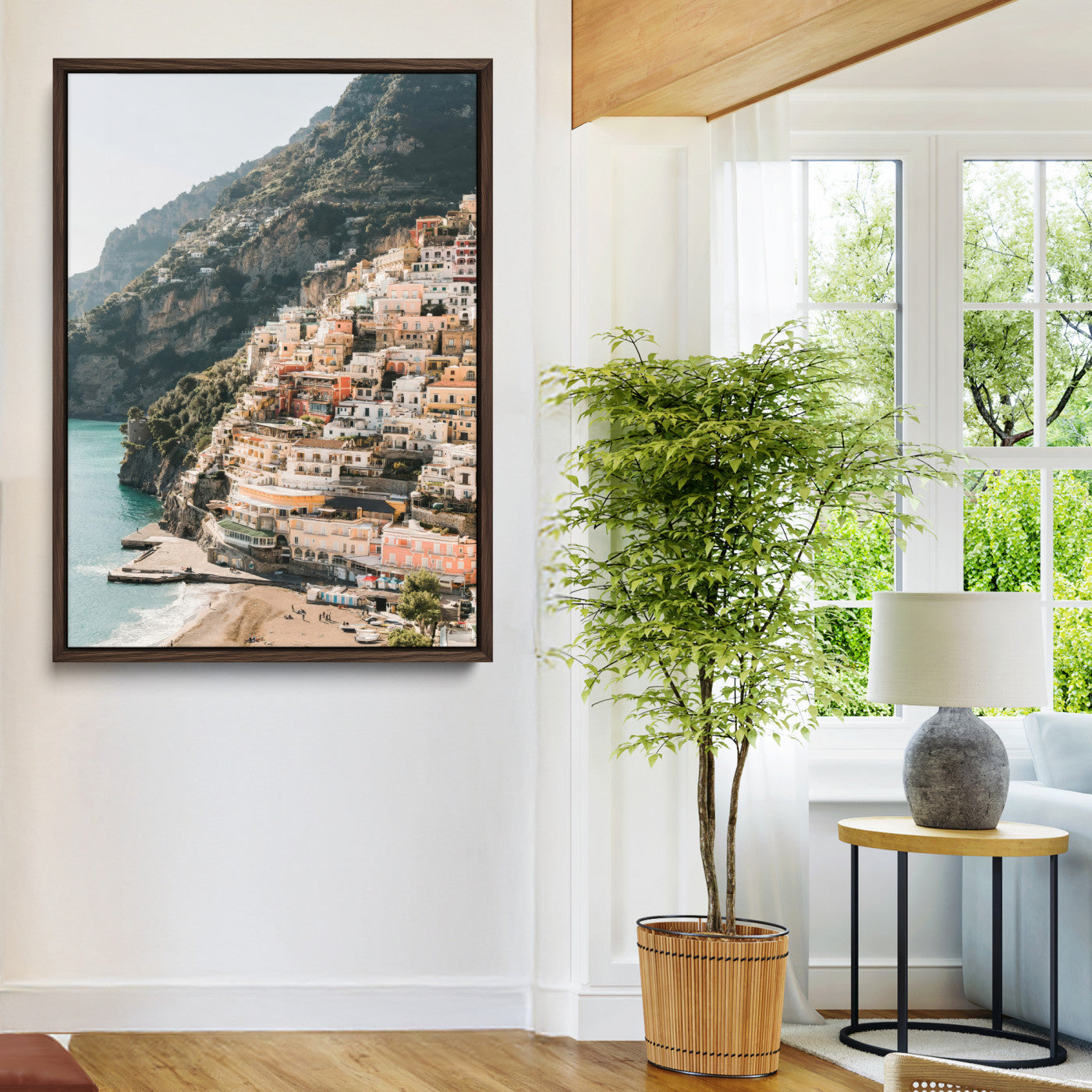 Canvas of colorful cliffside homes in Positano along the Amalfi Coast with warm tones, perfect for Mediterranean coastal or European-inspired home decor.