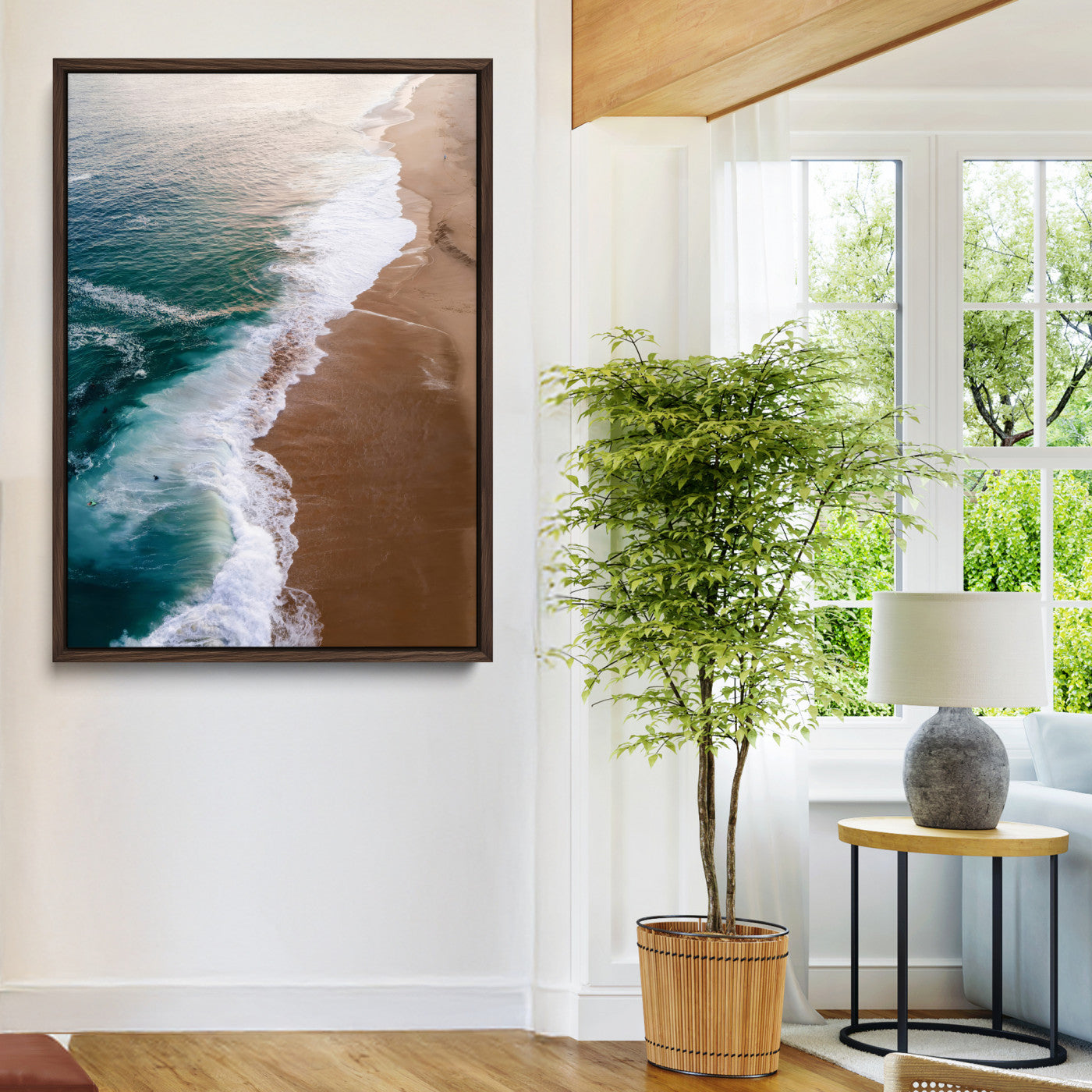 Canvas of a dreamy aerial beach scene with turquoise waves and soft sunset tones, ideal for modern coastal or minimalist home decor.