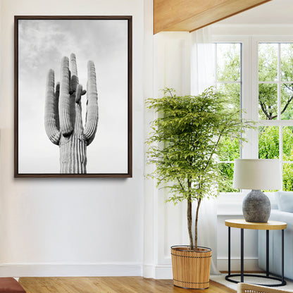 Canvas of a tall saguaro cactus in black and white with moody tones, perfect for southwestern minimalist or modern desert-themed home decor.