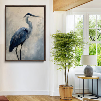 Blue heron standing gracefully on one leg, painted in soft neutrals and cool tones, perfect for modern coastal or nature-inspired decor.