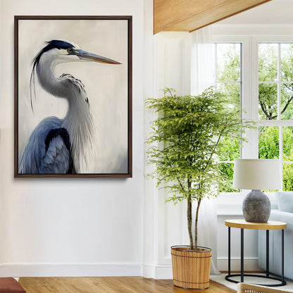 Elegant blue heron in profile with soft brush detail and neutral tones, ideal for nature-themed or coastal minimalist interiors.
