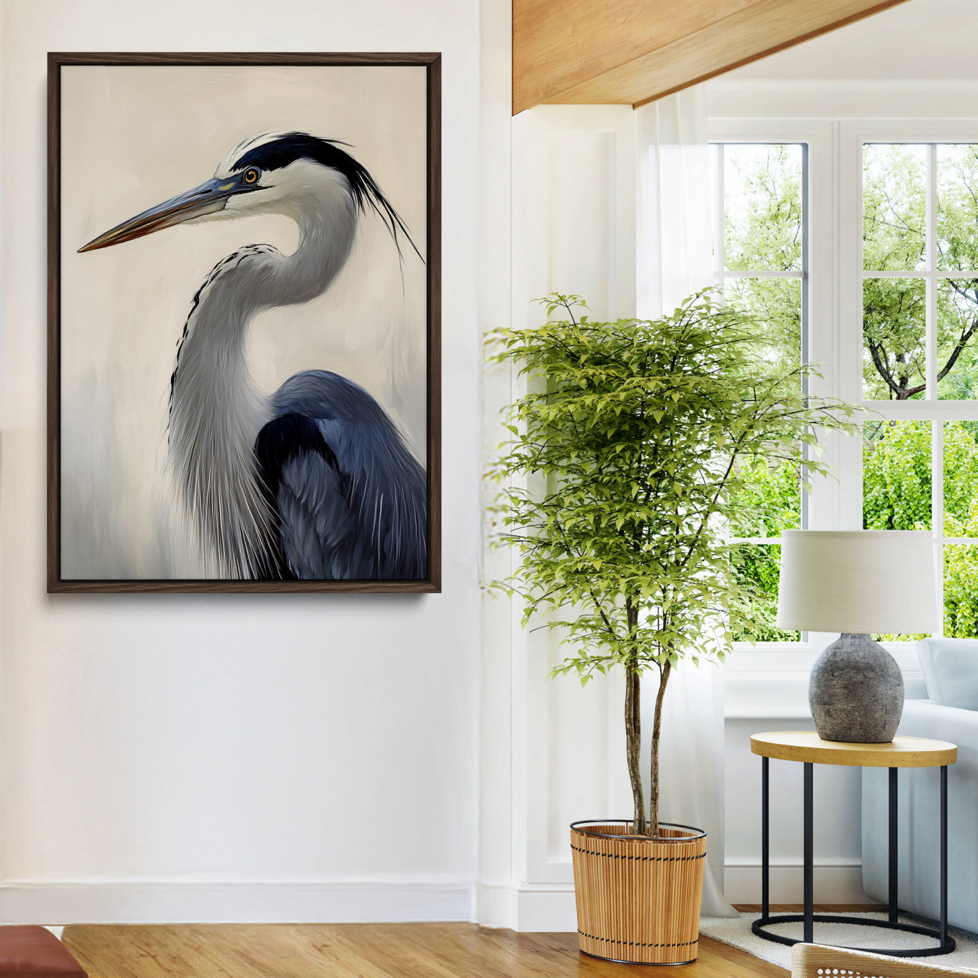 Single blue heron in profile with soft feathers and neutral tones, ideal for tranquil, coastal or nature-inspired interior settings.