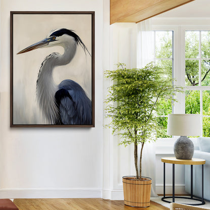 Single blue heron in profile with soft feathers and neutral tones, ideal for tranquil, coastal or nature-inspired interior settings.