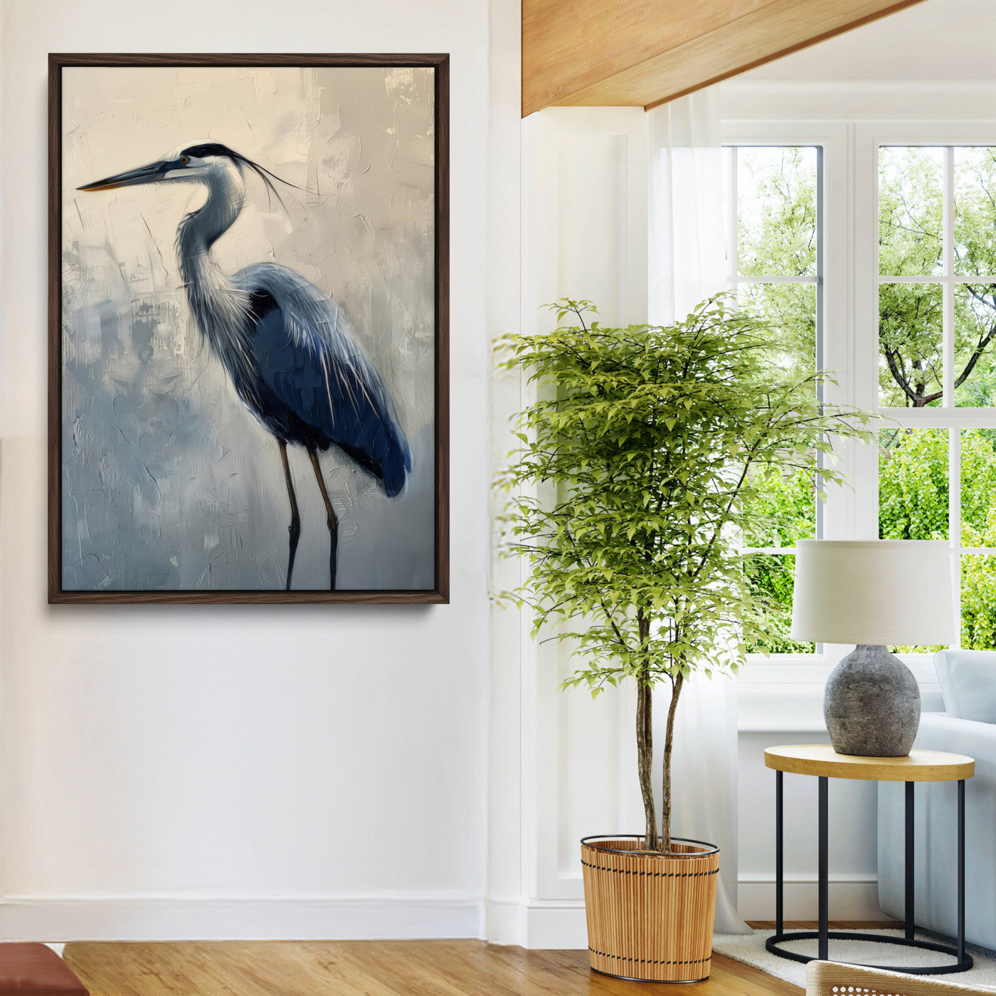 Elegant heron bird standing tall with soft brushstroke texture and muted tones, perfect for coastal or nature-themed home decor.