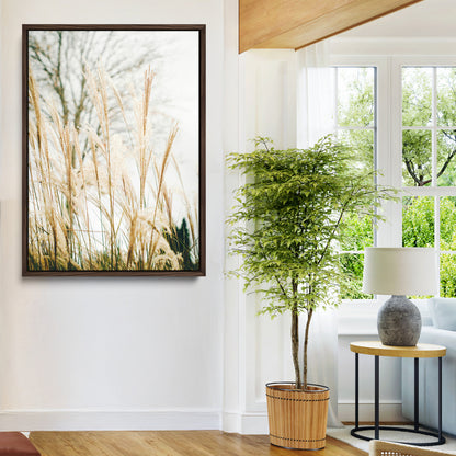 Soft beige pampas grass swaying in the breeze against a muted sky, creating a tranquil and minimalist botanical aesthetic.