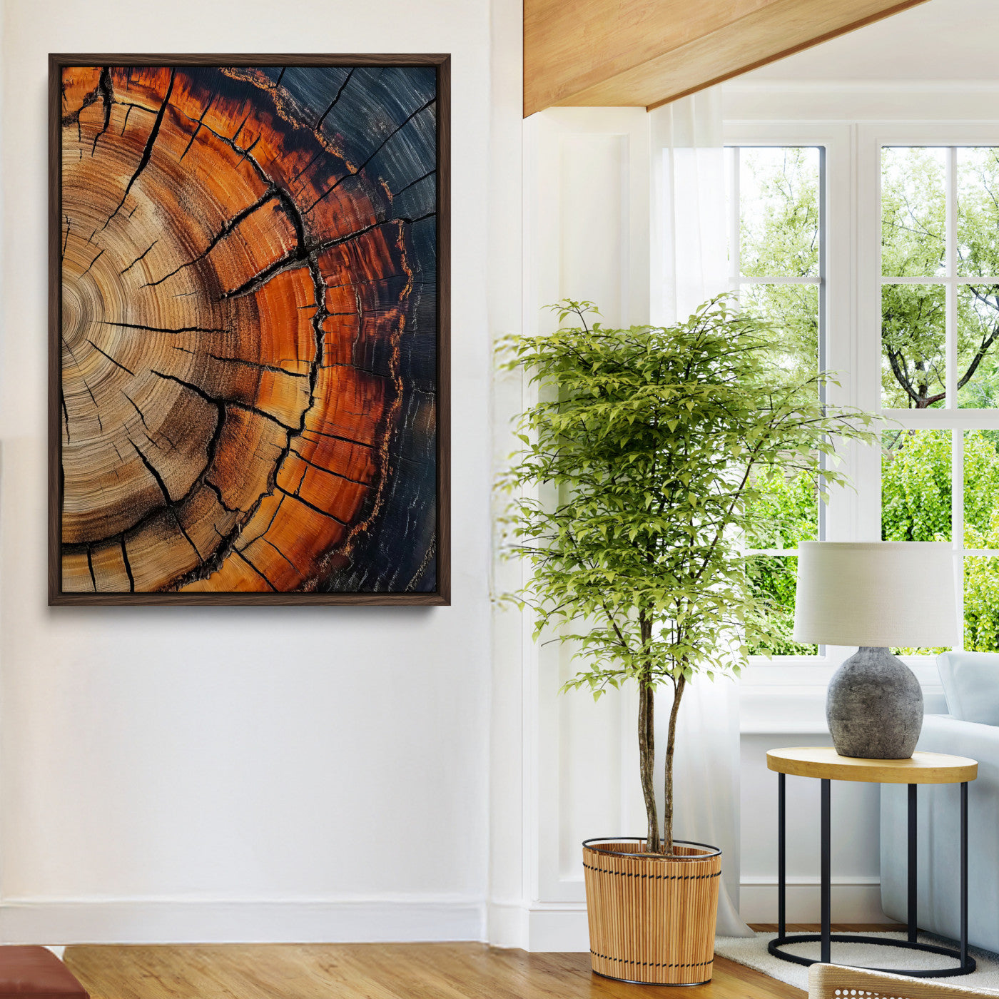 Close-up of tree rings with deep cracks and rich brown tones, highlighting natural texture and organic patterns, perfect for rustic wall art.