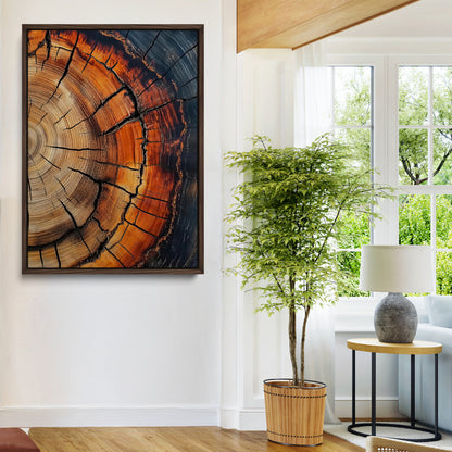 Close-up of tree rings with deep cracks and rich brown tones, highlighting natural texture and organic patterns, perfect for rustic wall art.
