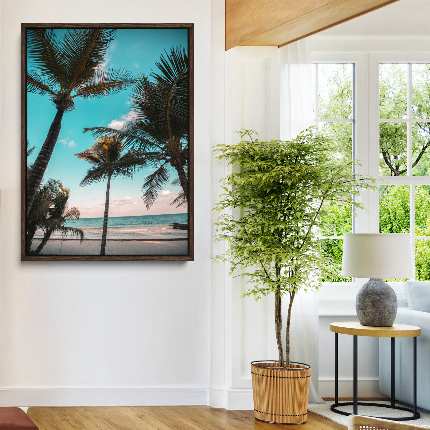 Tall palm trees swaying over a tropical beach with turquoise ocean waves and a soft sunset glow, creating a relaxing coastal vibe.