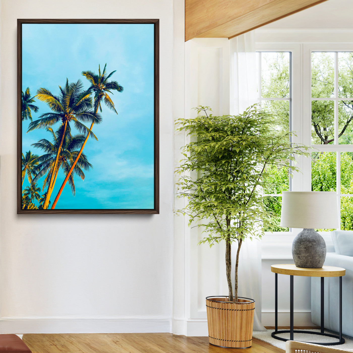 "Tall palm trees with golden sunlight against a vibrant blue sky, creating a tropical, relaxing atmosphere for coastal and beach-themed decor.