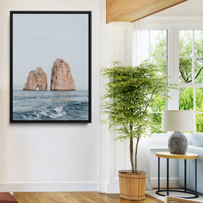 Serene photograph of the Faraglioni rocks in Capri with calm blue waters, perfect for Mediterranean coastal or minimalist travel-themed decor.