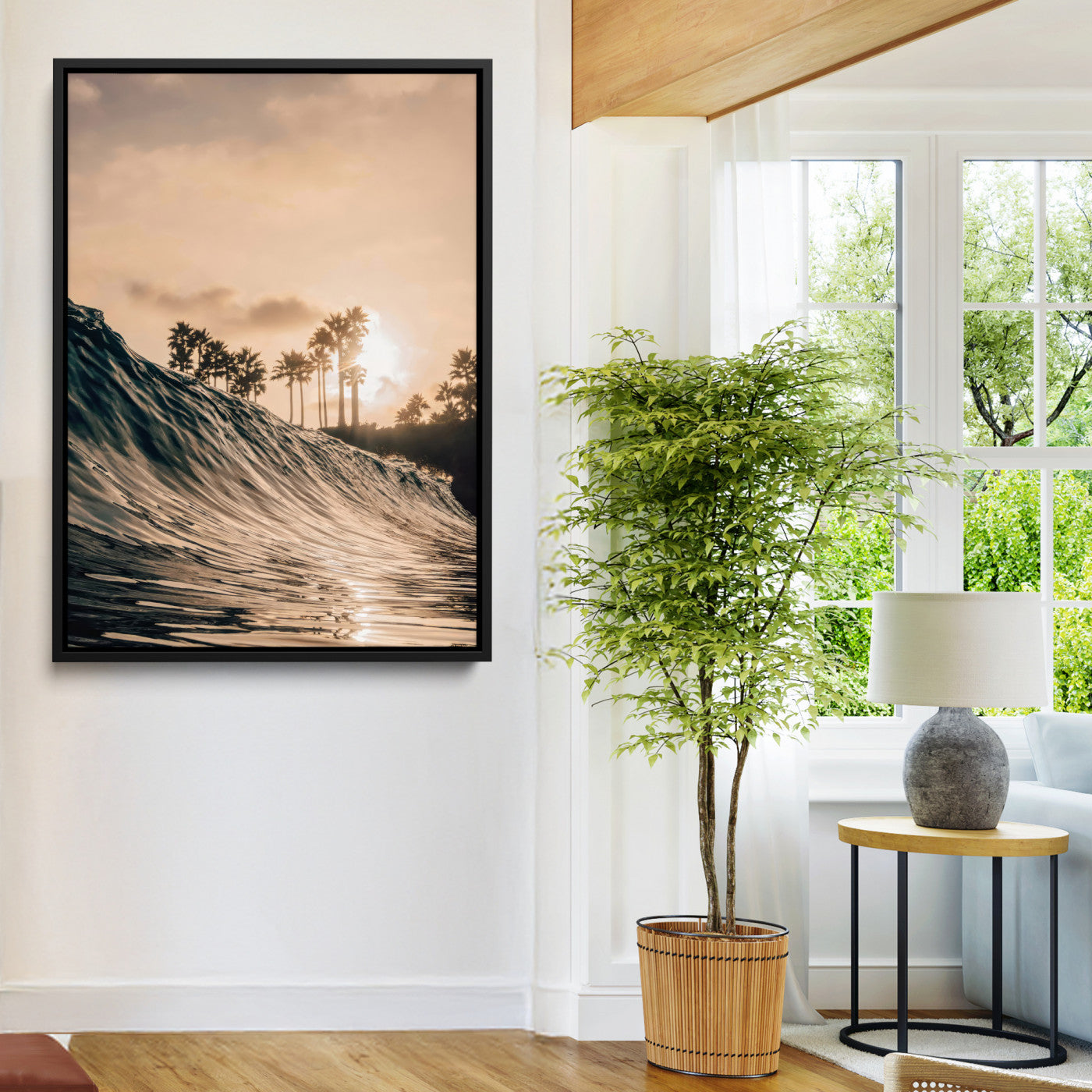 Golden sunset view of an ocean wave curling near palm trees, radiating warm tones perfect for coastal or tropical-themed decor.