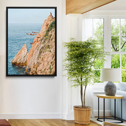 Canvas wall art capturing a bold cliff diving sequence into turquoise waters, perfect for vibrant and adventurous coastal or sporty interiors.
