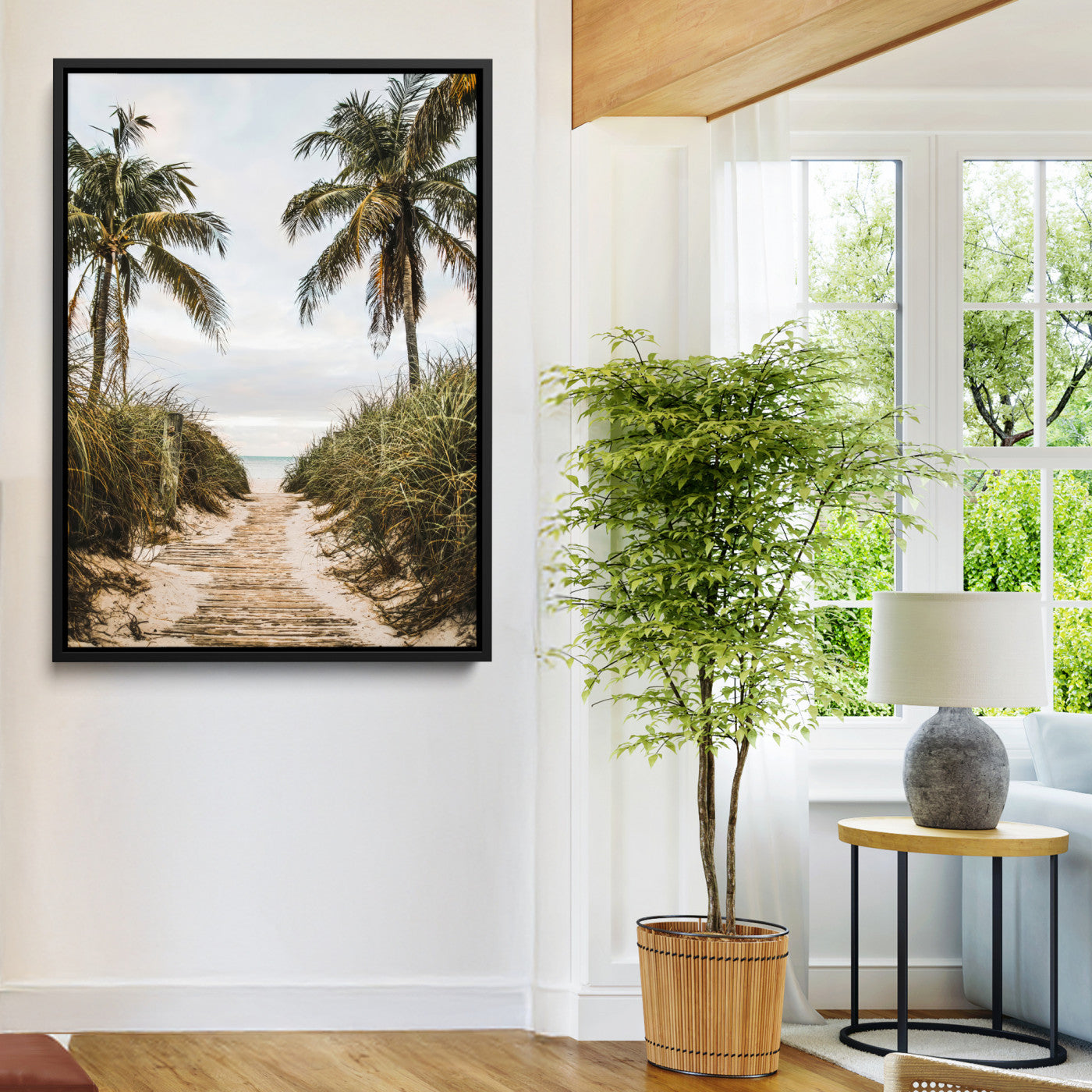 Canvas wall art of a tropical beach path with palm trees and dune grass, ideal for coastal entryways or tropical-inspired home decor.