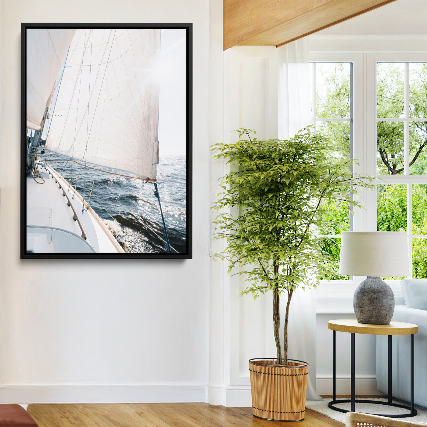 Canvas of a sailboat gliding on a sunlit ocean with white sails and sparkling water, ideal for coastal minimalist or nautical-style home decor.