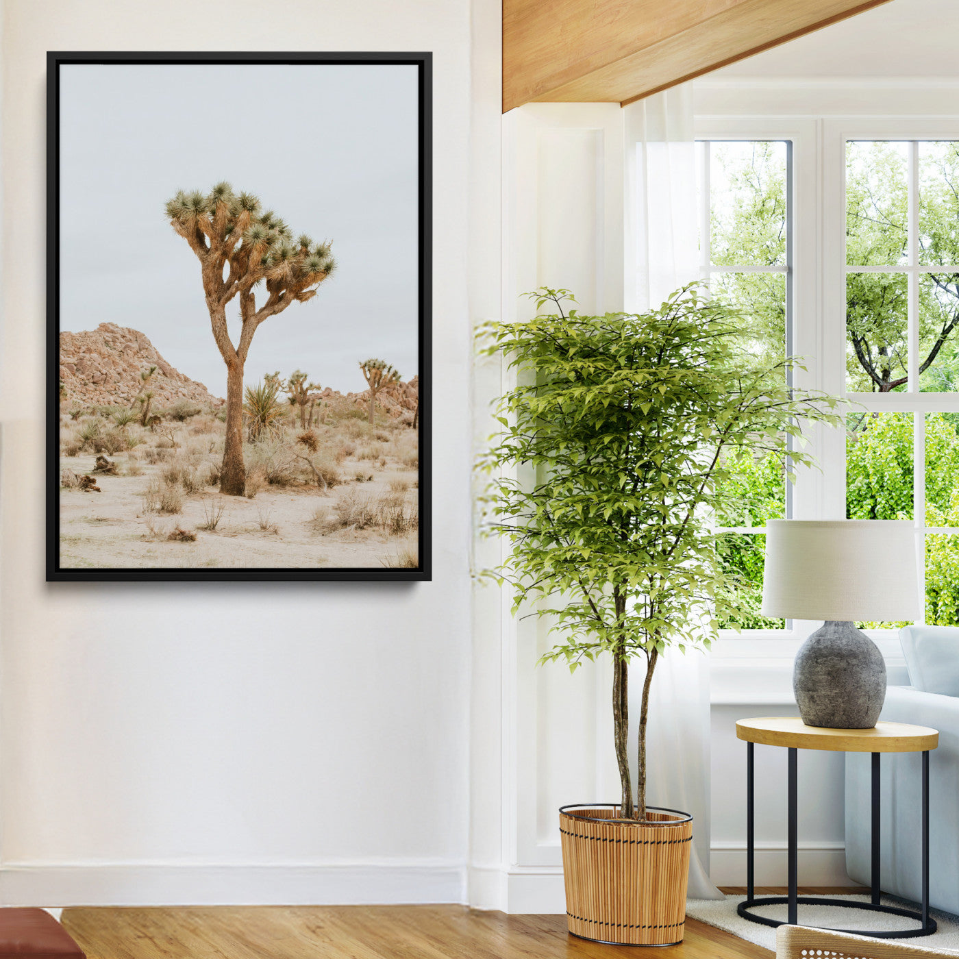 Canvas of a Joshua Tree in neutral desert tones under soft light, ideal for southwestern minimalist or rustic nature-inspired home decor.