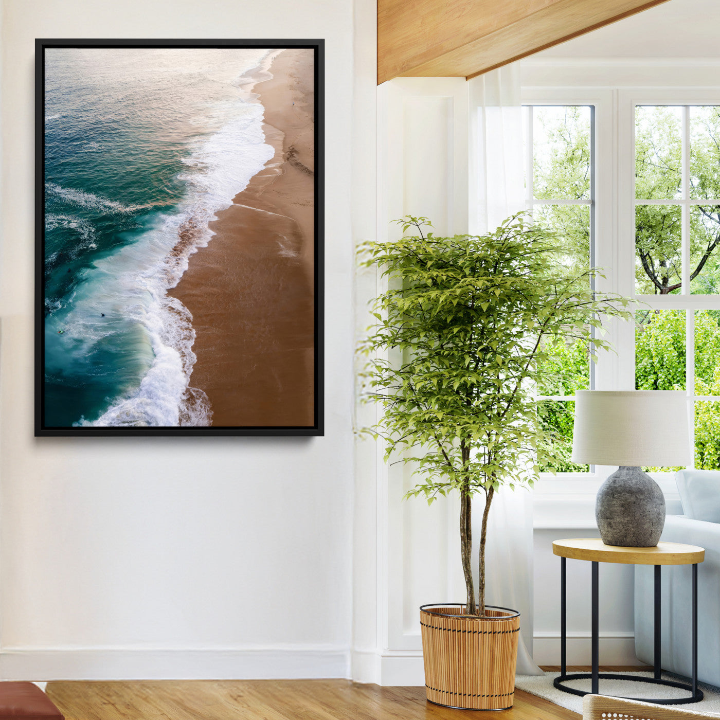 Canvas of a dreamy aerial beach scene with turquoise waves and soft sunset tones, ideal for modern coastal or minimalist home decor.