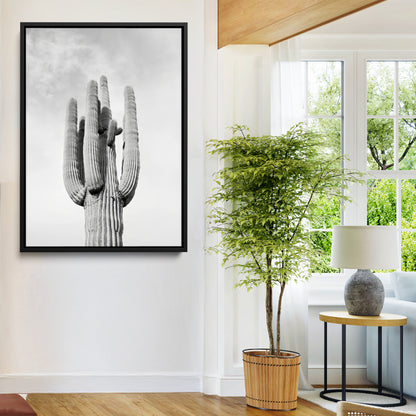 Canvas of a tall saguaro cactus in black and white with moody tones, perfect for southwestern minimalist or modern desert-themed home decor.