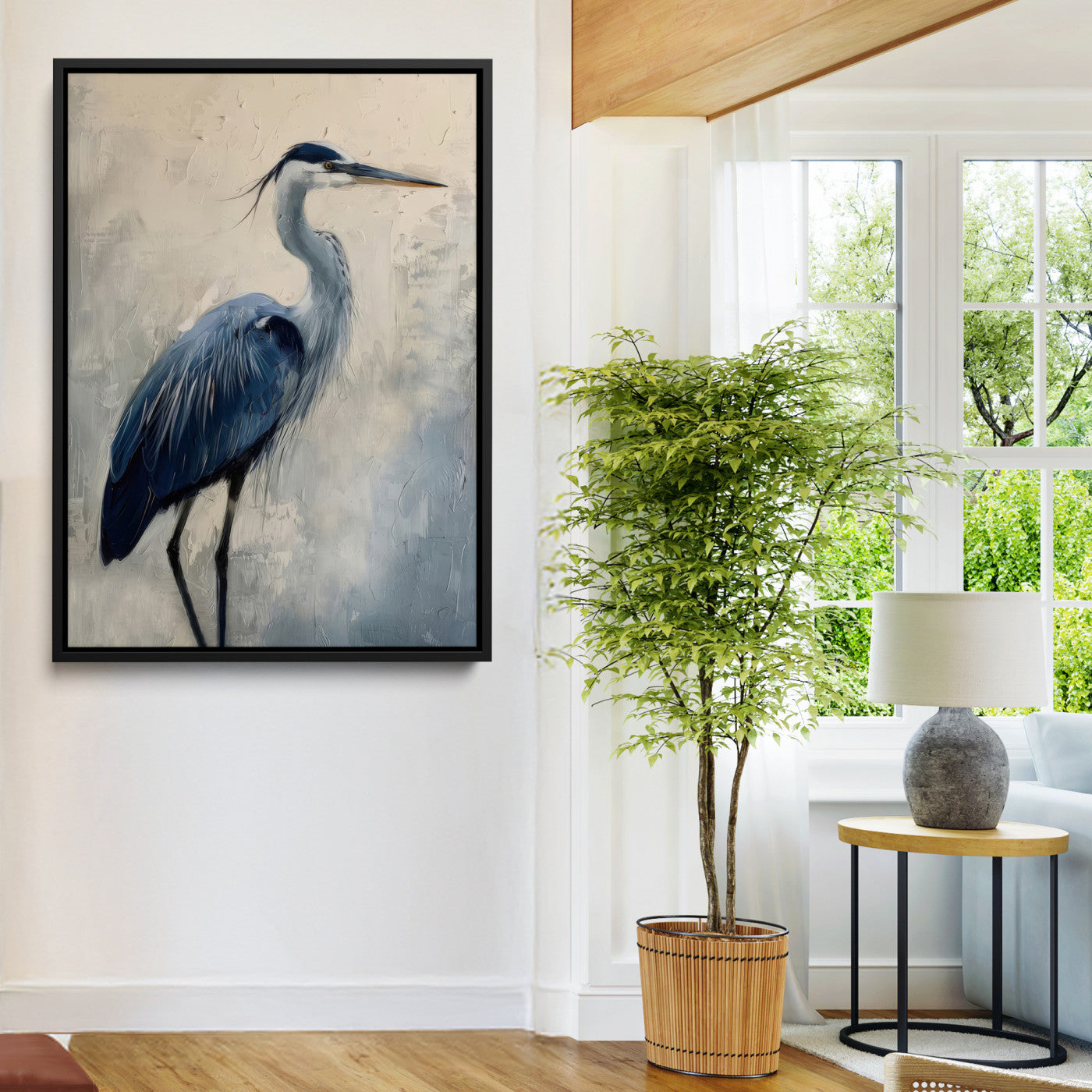 Blue heron standing gracefully on one leg, painted in soft neutrals and cool tones, perfect for modern coastal or nature-inspired decor.