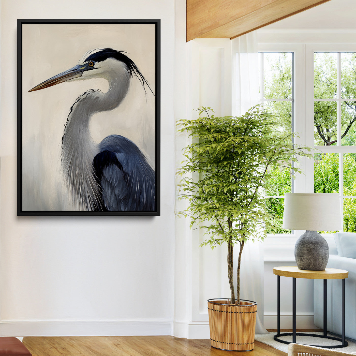 Single blue heron in profile with soft feathers and neutral tones, ideal for tranquil, coastal or nature-inspired interior settings.