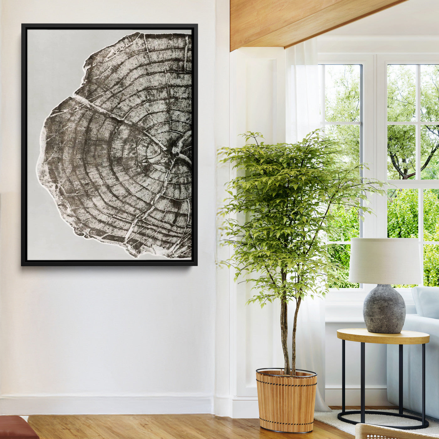 A close-up tree ring cross-section with neutral tones and organic texture, perfect for rustic, modern, or minimalist interior wall decor.