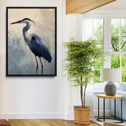 Elegant heron bird standing tall with soft brushstroke texture and muted tones, perfect for coastal or nature-themed home decor.