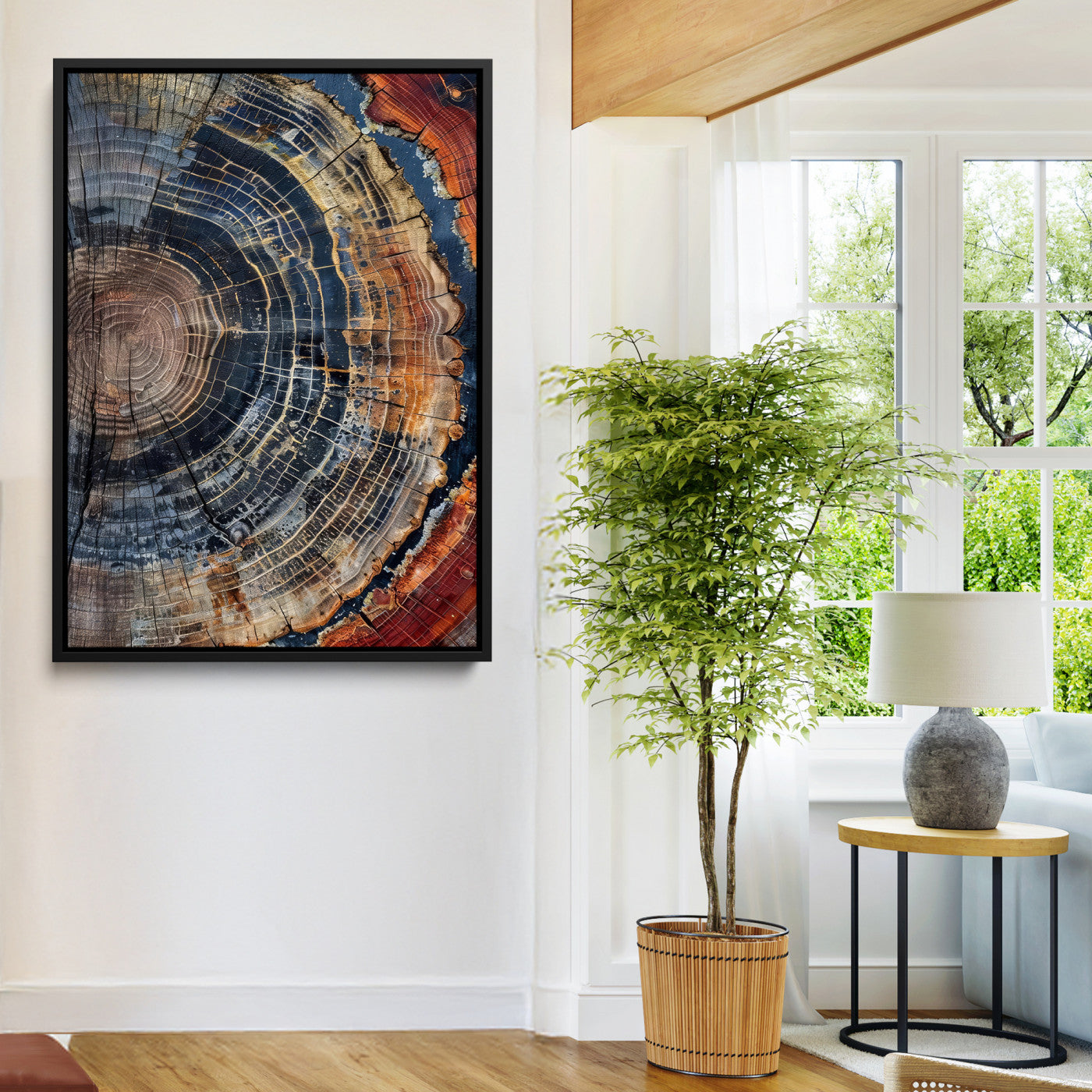 Close-up of a tree ring cross-section showing detailed growth rings in earthy tones, perfect for rustic or nature-inspired home decor.