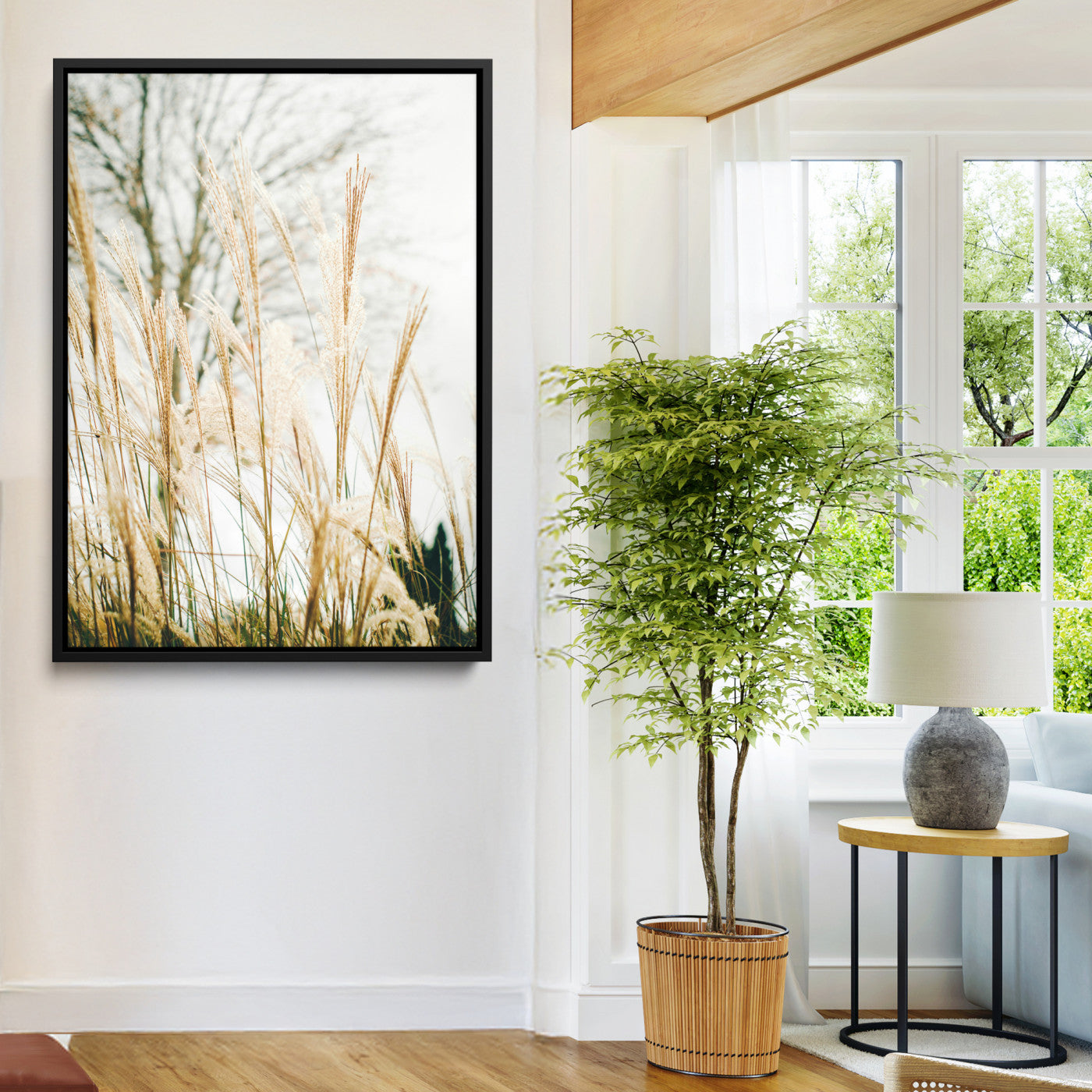 Soft beige pampas grass swaying in the breeze against a muted sky, creating a tranquil and minimalist botanical aesthetic.