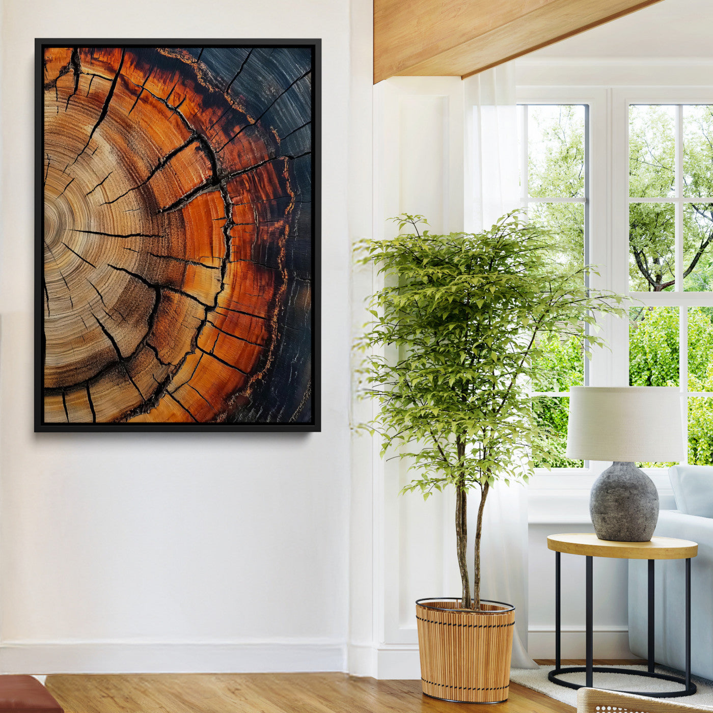 Close-up of tree rings with deep cracks and rich brown tones, highlighting natural texture and organic patterns, perfect for rustic wall art.