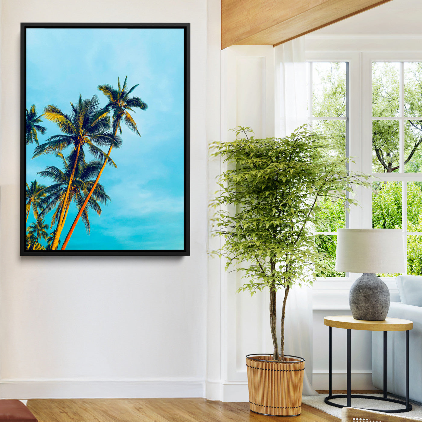 "Tall palm trees with golden sunlight against a vibrant blue sky, creating a tropical, relaxing atmosphere for coastal and beach-themed decor.
