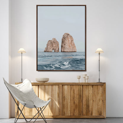 Serene photograph of the Faraglioni rocks in Capri with calm blue waters, perfect for Mediterranean coastal or minimalist travel-themed decor.