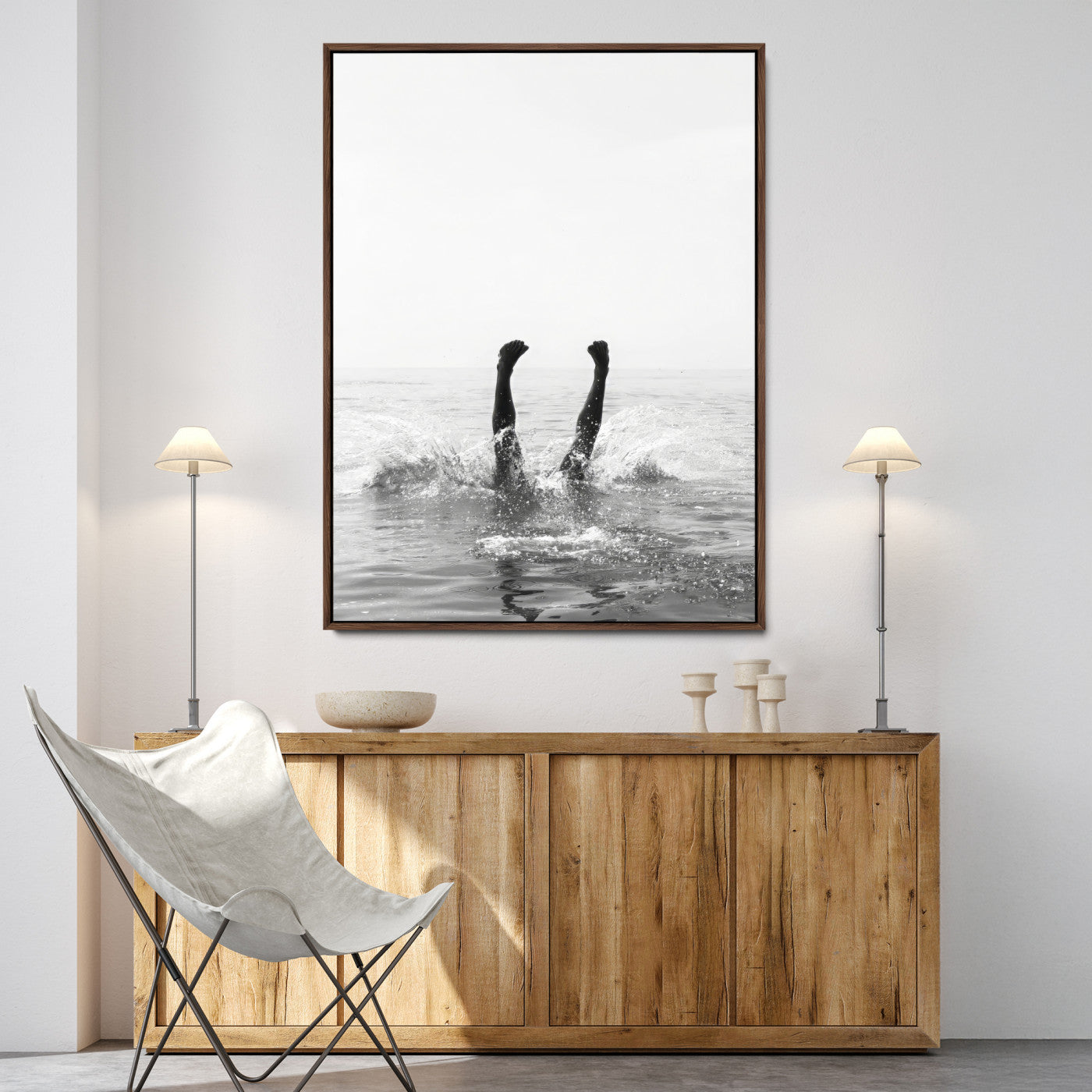 Black and white ocean art featuring a swimmer's legs mid-splash, perfect for minimalist, coastal, or monochrome modern interiors.