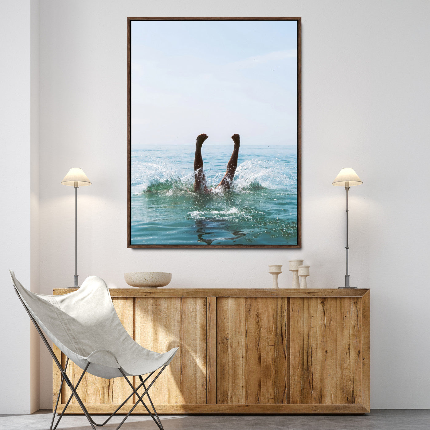 Vibrant ocean canvas of a playful diving splash, ideal for coastal or beach-themed interiors with a lively summer vibe.