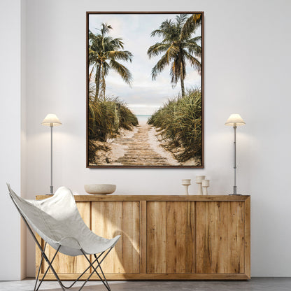Canvas wall art of a tropical beach path with palm trees and dune grass, ideal for coastal entryways or tropical-inspired home decor.