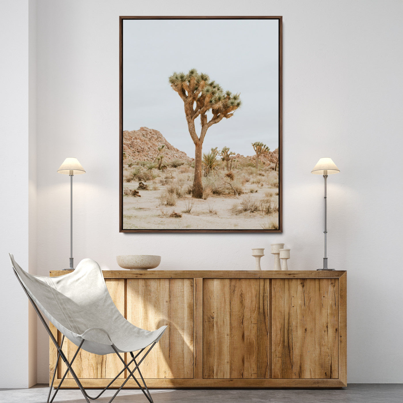 Canvas of a Joshua Tree in neutral desert tones under soft light, ideal for southwestern minimalist or rustic nature-inspired home decor.