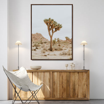 Canvas of a Joshua Tree in neutral desert tones under soft light, ideal for southwestern minimalist or rustic nature-inspired home decor.