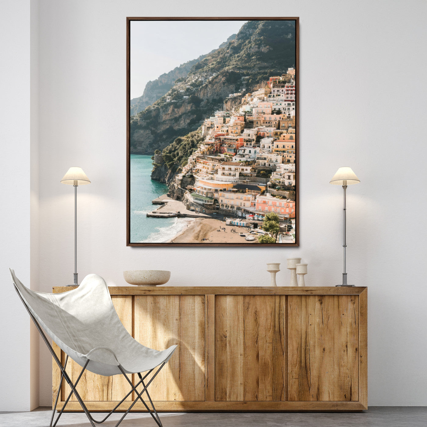 Canvas of colorful cliffside homes in Positano along the Amalfi Coast with warm tones, perfect for Mediterranean coastal or European-inspired home decor.
