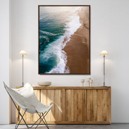 Canvas of a dreamy aerial beach scene with turquoise waves and soft sunset tones, ideal for modern coastal or minimalist home decor.