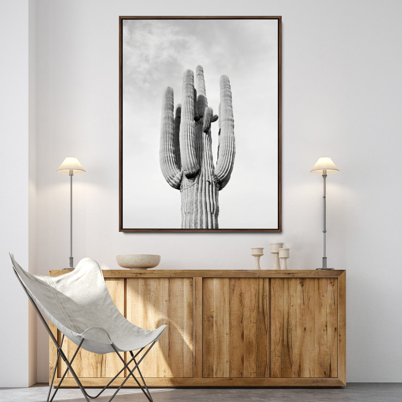 Canvas of a tall saguaro cactus in black and white with moody tones, perfect for southwestern minimalist or modern desert-themed home decor.