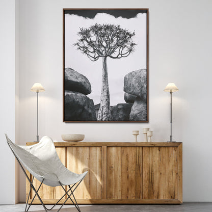 Tall desert tree in black and white, standing between large rocks, perfect for bold and minimalist nature-themed interior spaces.
