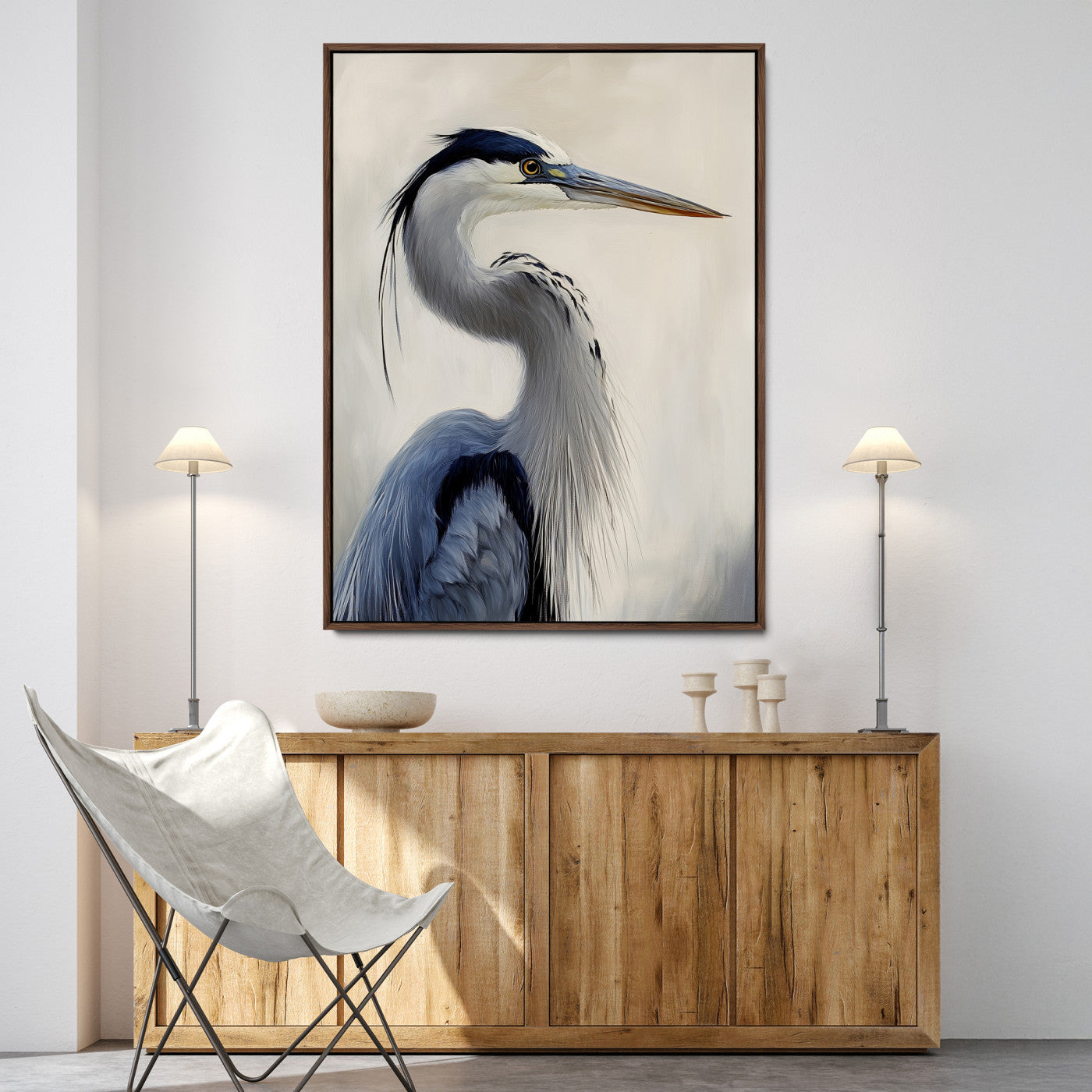 Elegant blue heron in profile with soft brush detail and neutral tones, ideal for nature-themed or coastal minimalist interiors.