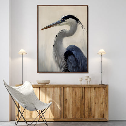 Single blue heron in profile with soft feathers and neutral tones, ideal for tranquil, coastal or nature-inspired interior settings.