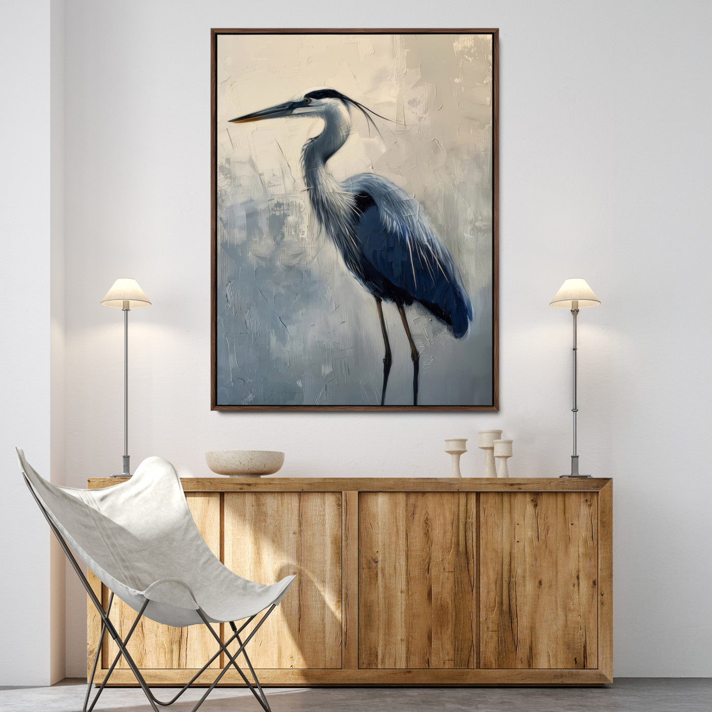 Elegant heron bird standing tall with soft brushstroke texture and muted tones, perfect for coastal or nature-themed home decor.