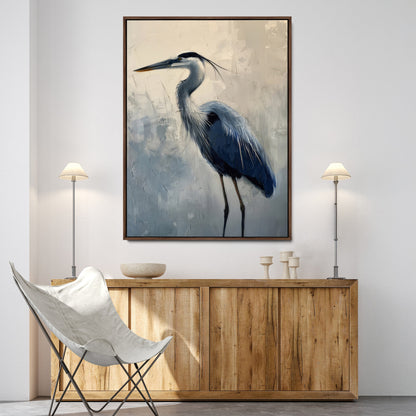 Elegant heron bird standing tall with soft brushstroke texture and muted tones, perfect for coastal or nature-themed home decor.