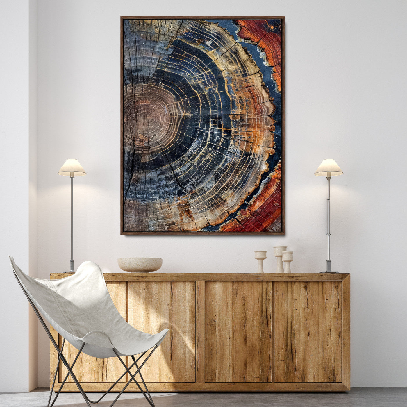 Close-up of a tree ring cross-section showing detailed growth rings in earthy tones, perfect for rustic or nature-inspired home decor.