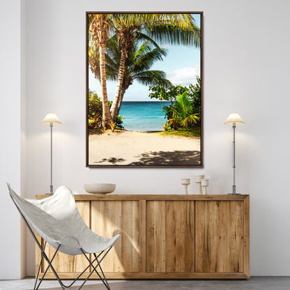 Tropical beach with palm trees, blue ocean, and clear sky, perfect for coastal or beach-themed wall decor in sunny living spaces.