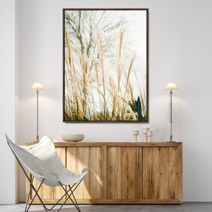 Soft beige pampas grass swaying in the breeze against a muted sky, creating a tranquil and minimalist botanical aesthetic.